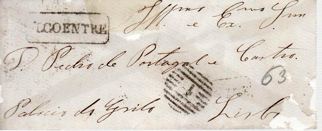 0820 f.jpg -     Lote:    820 (frente)            Portugal       Descrição:         1856/58 &mdash; D. Pedro V. Cabelos anelados. CE13, 25 reis (selo com defeito) em carta de Alcoentre para Lisboa (25.04.60). Carimbo nominativo de ALCOENTRE e numérico da 1.ª reforma "4", tipo 4.3.4.         Carta       Valor Base:     &euro; 12,00     Valor Venda:     Retirado     
